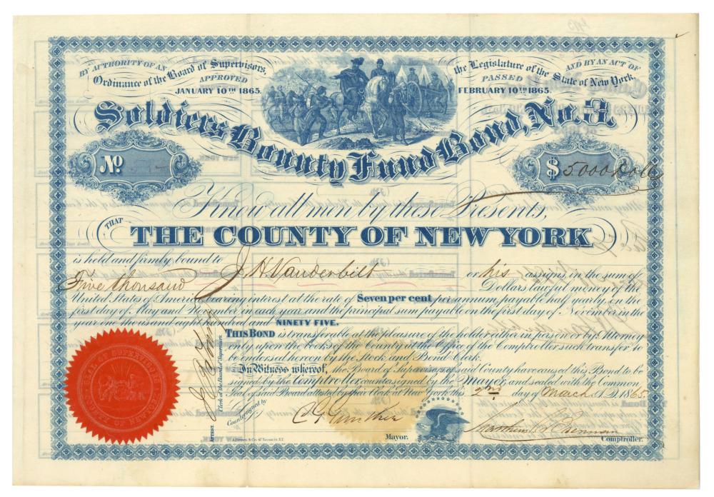 Jacob H. Vanderbilt Signed Soldiers Bounty FUNY Bond 1865 - Cornelius Vanderbilt's Brother