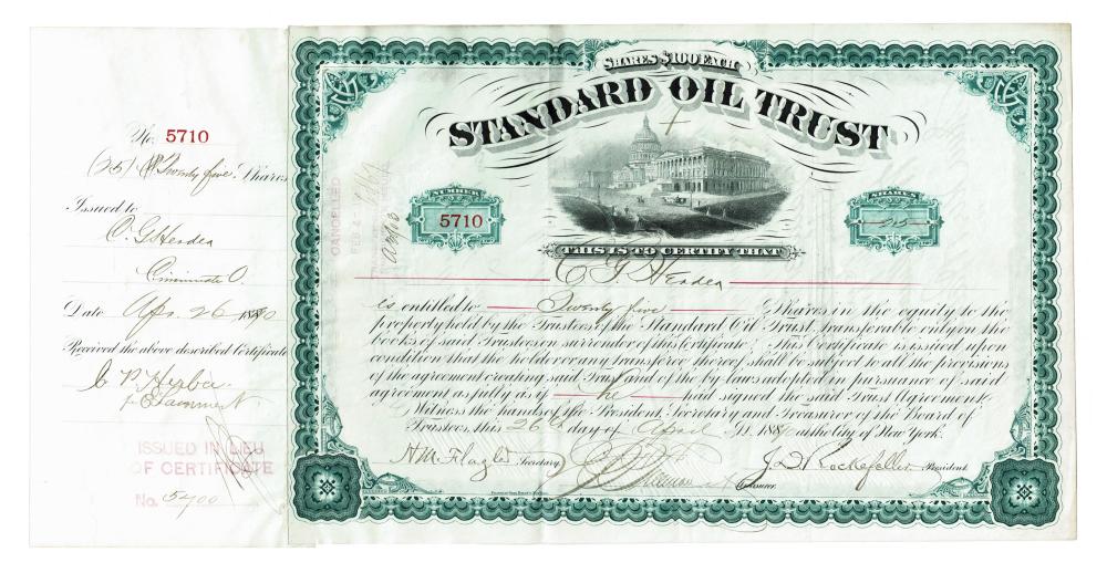 Rockefeller & Flagler Signed Green Standard Oil Stock Certificate