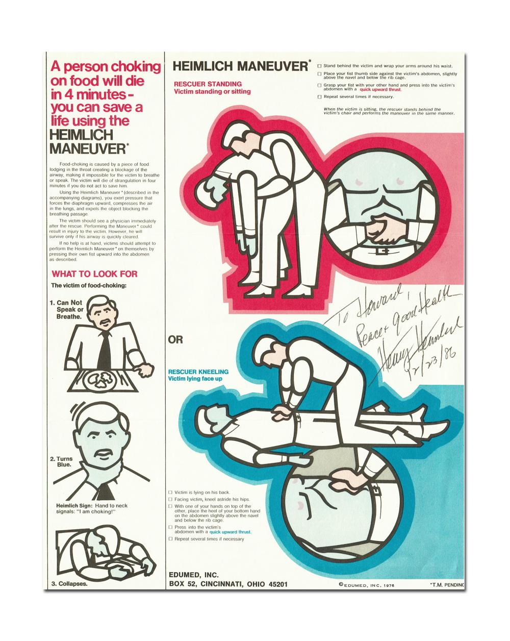 H. Heimlich Signed Early Broadside on his Life-Saving Heimlich Maneuver, Still Pending Trademark!