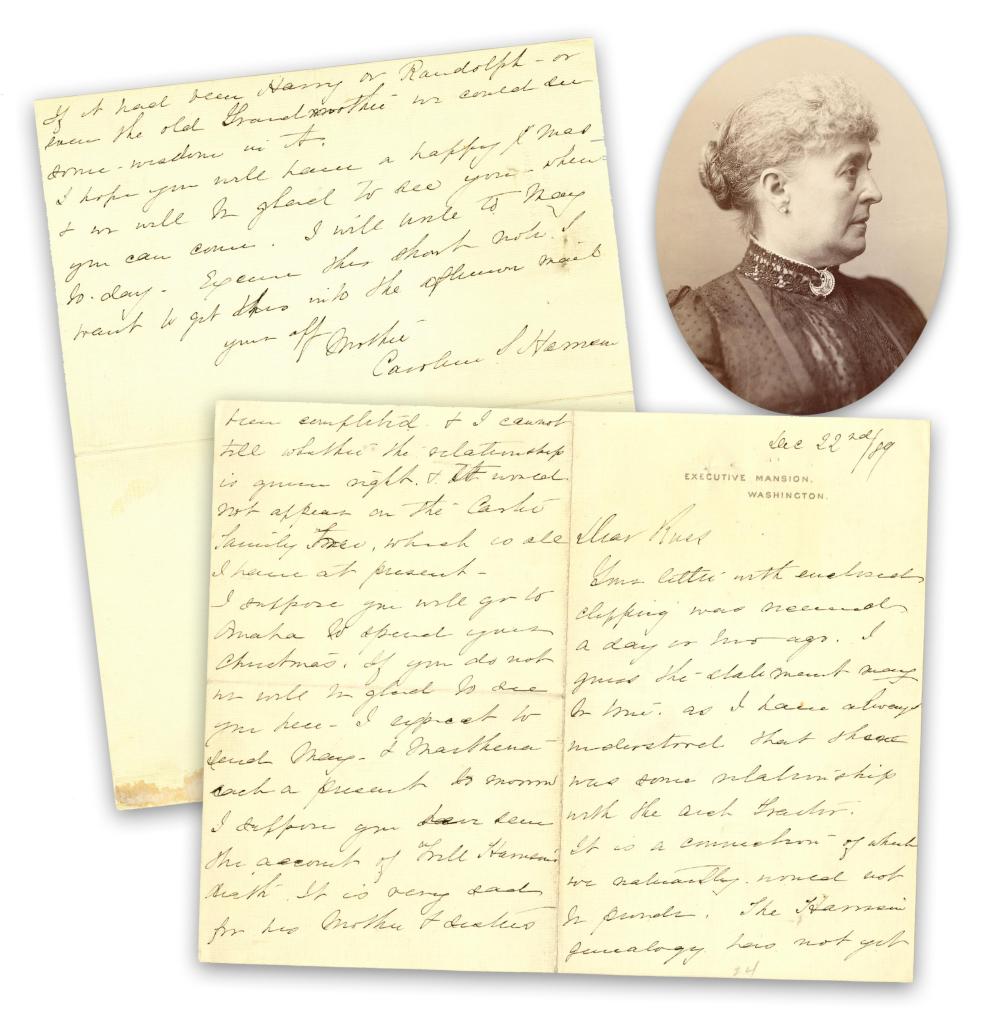 Caroline Harrison Scarce ALS as First Lady on Her Ancestry in Relation to an "arch traitor"