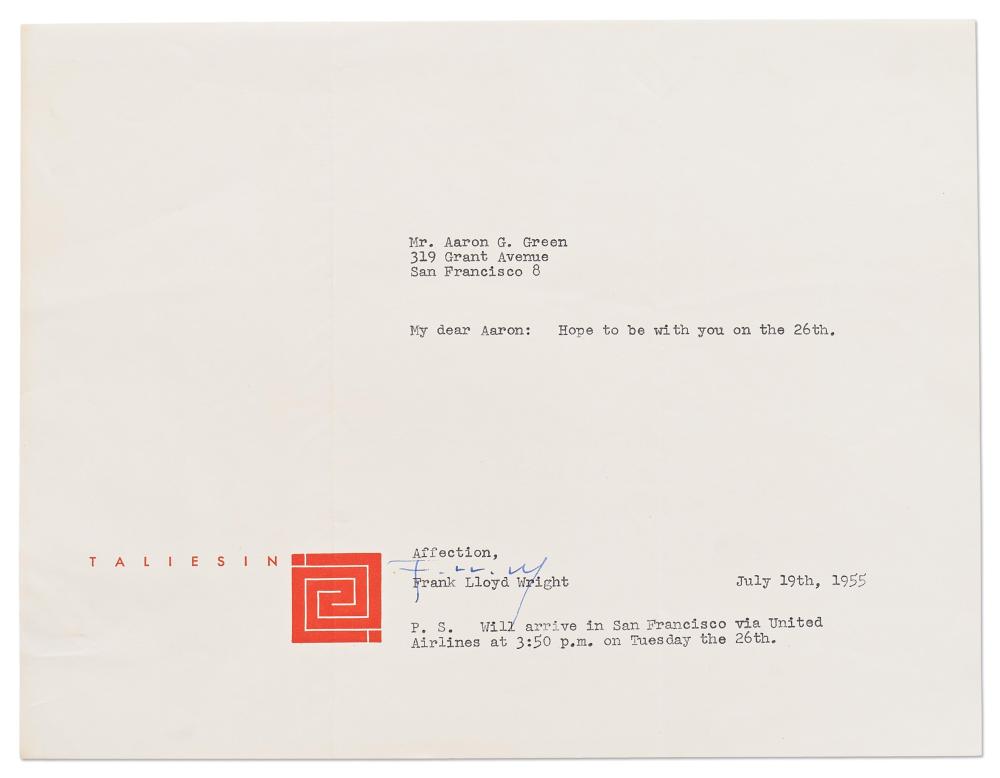 Frank Lloyd Wright TLS Re: Travels to California