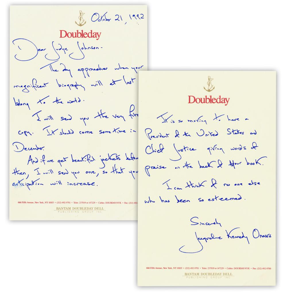 Jacqueline Kennedy ALS to Judge Frank M. Johnson Re: "magnificent biography"