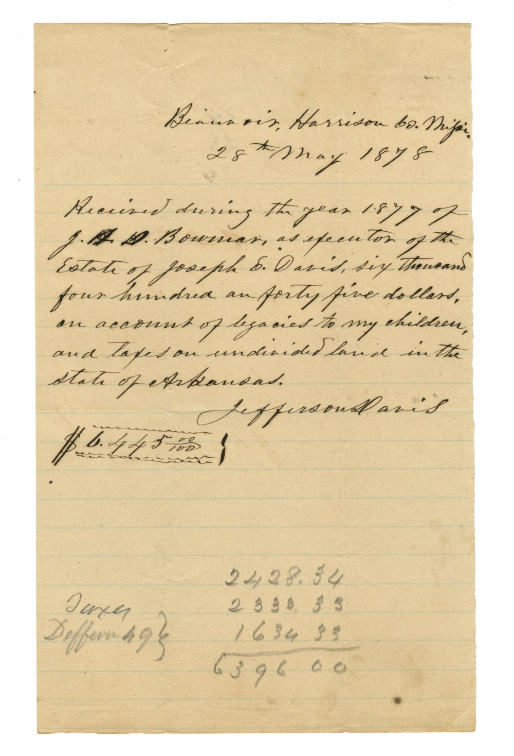 Jefferson Davis Autographed Receipt Signed "on account of legacies to my children"