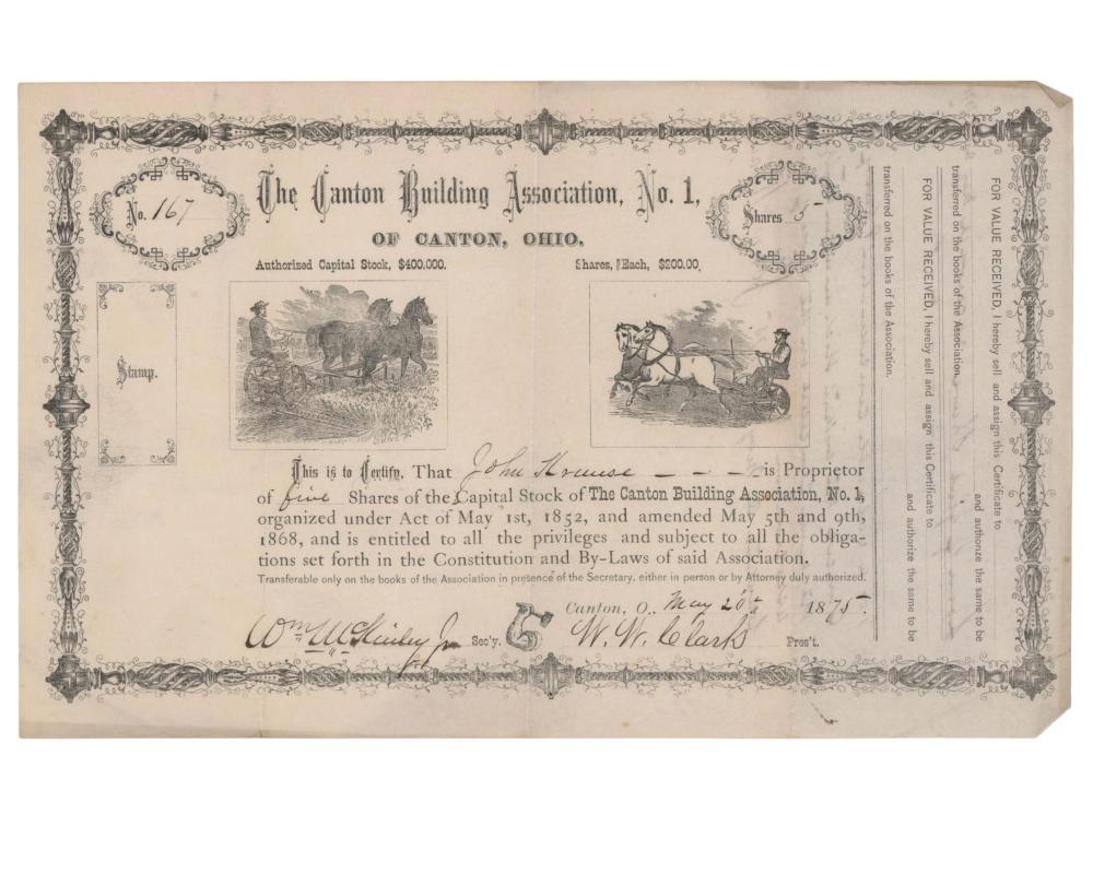 William McKinley Signed Canton Building Association Certificate