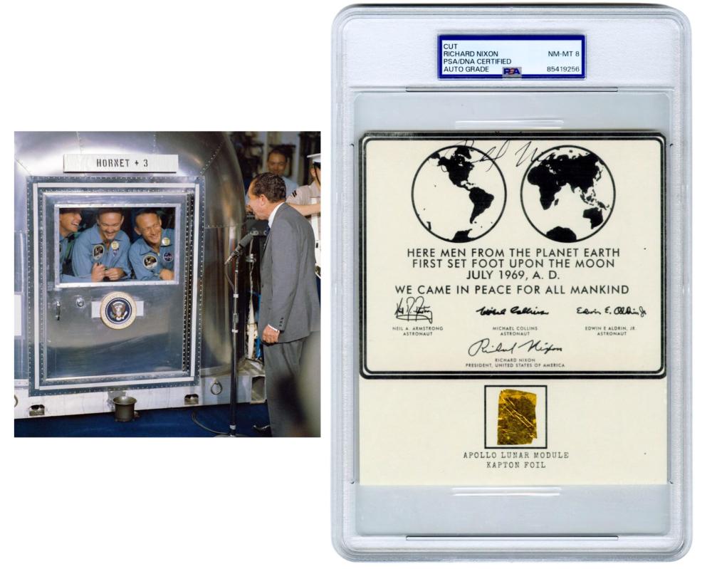 Richard Nixon Signed Moon Landing Plaque with Apollo Lunar Module Kapton Foil, PSA Mint 9