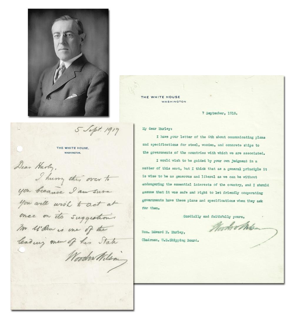 Woodrow Wilson Scarce Superb Pair of Signed Letters During WWI