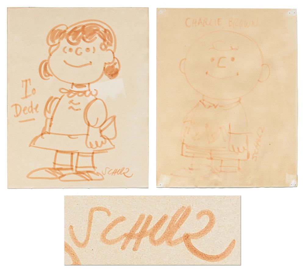 Charles Schulz (2) Large Signed Original Drawings of Charlie Brown and Lucy