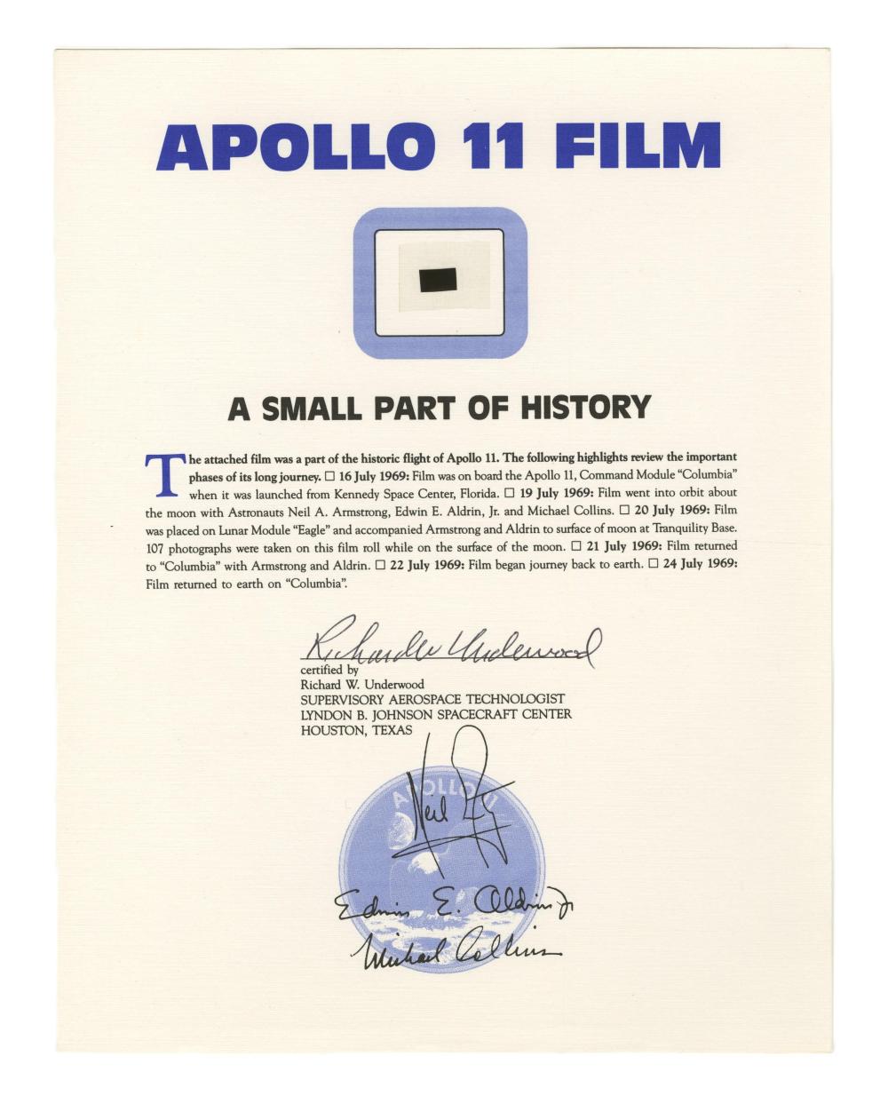 Apollo 11 Flown Film - Dick Underwood COA