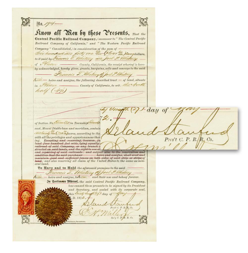 Leland Stanford Signed Central Pacific RR Deed
