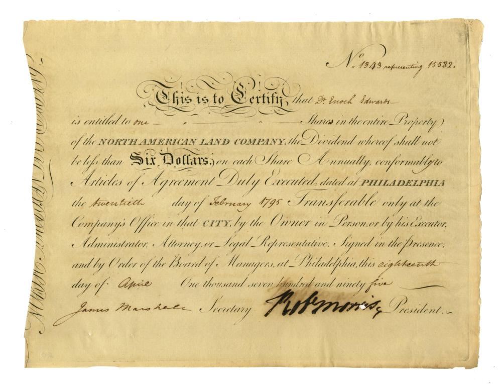 Robert Morris Signed Stock Certificate to George Washington's Attending Physician