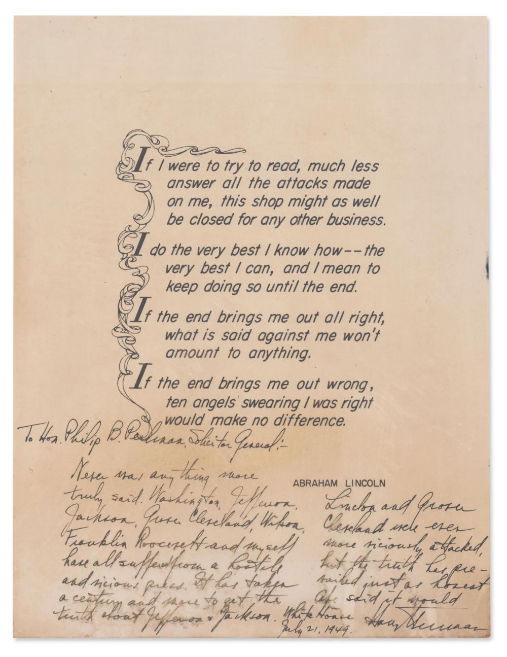 Truman Invokes Lincoln to Reassure Philip Perlman, the First Jewish U.S. Solicitor General: "the truth prevailed just as Honest Abe said"