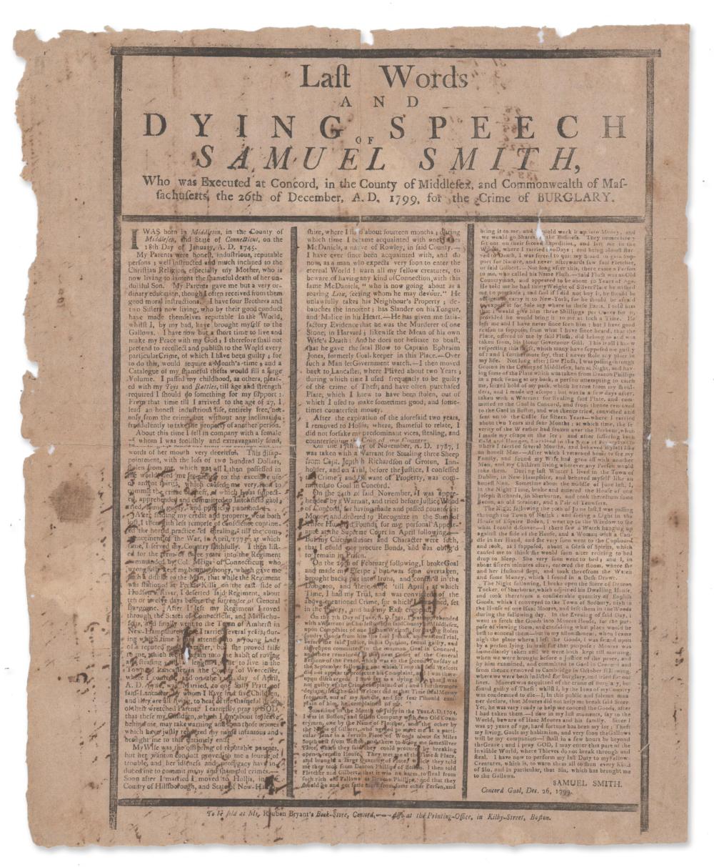 Last Words and Dying Speech of Samuel Smith: "I shall in a few hours be beyond the Grave"