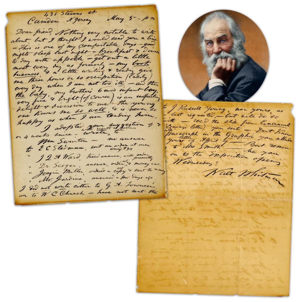 Walt Whitman Lengthy ALS: "my book business, + a little writing" Re: 1876 "Leaves of Grass" Orders Plus Fellow Poet Joaquin Miller!