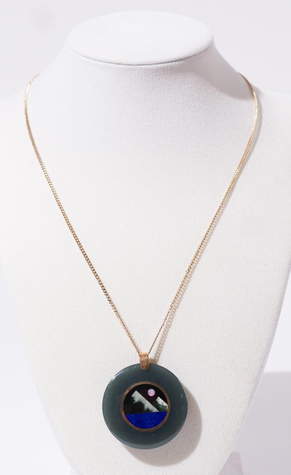 Neil Hanna Design 18-Karat Gold Mounted Stone Inlaid Nephrite Jade Pendant with Gold-Plated Chain, D of pendant: 1-1/2 in