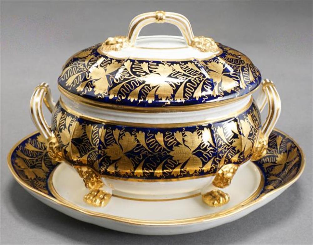 Royal Worcester Cobalt Gilt Decorated Porcelain Covered Sauce Tureen with Undertray, L: 8-1/2 inches