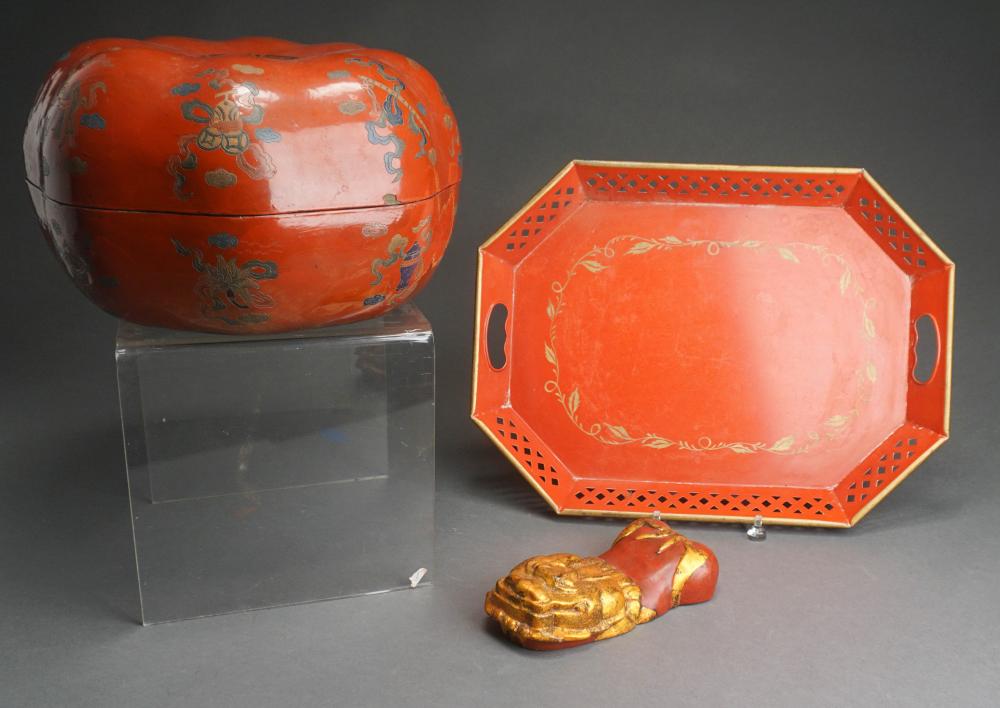 Chinese Lacquered Gourd-Form Box with Stand, Wall Medallion, and a Tole Decorated Tray, D box 15 in. (38.1 cm.)
