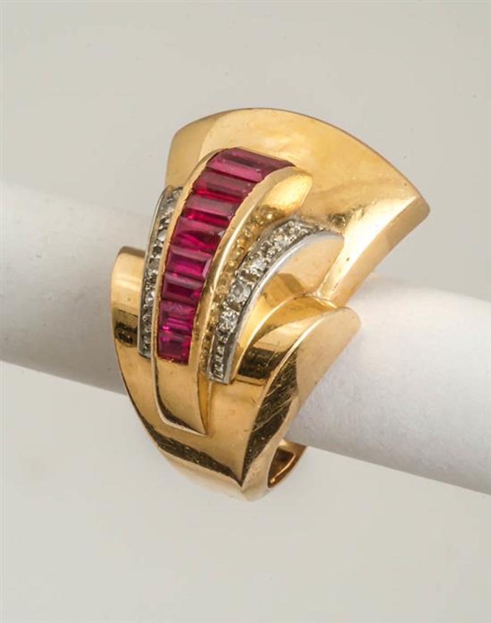 French Retro 18-Karat Yellow-Gold, Platinum, Ruby and Diamond Ring