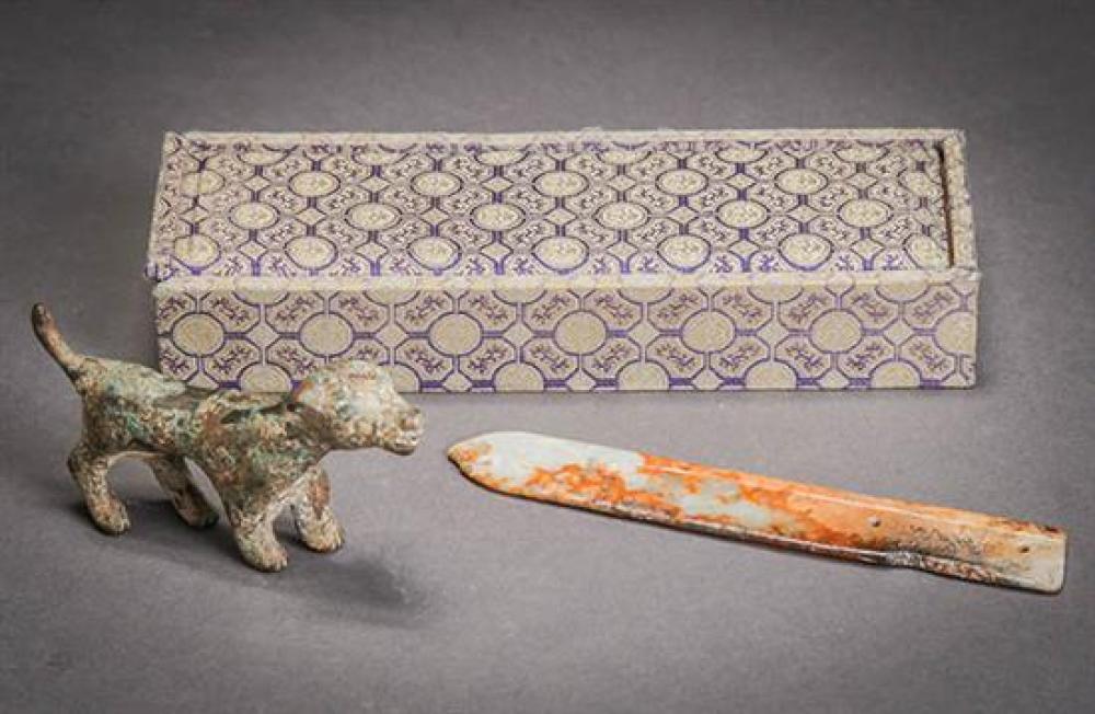 Chinese Archaistic Bronze 'Dog' Scroll Weight and a Russet Pale-Celadon Jade Blade Possibly Eastern Zhou-Han Dynasty (770 BC-220 AD)