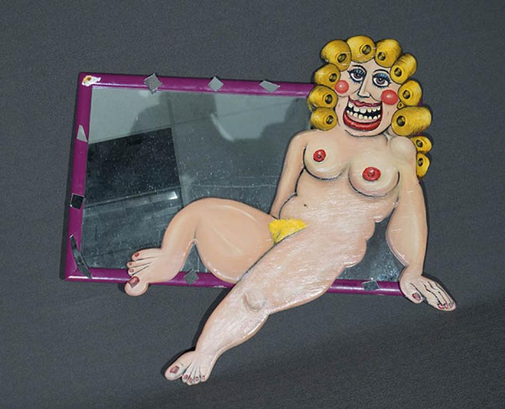 Craig Perry Painted and Decorated Wood Recumbent Nude Mirror Last Half 20th Century, 47 x 48 in