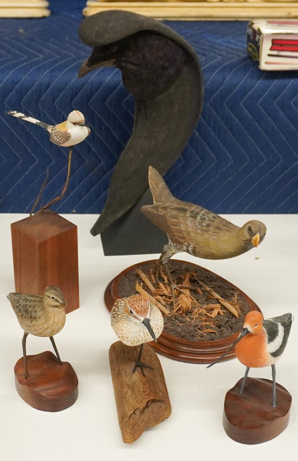 Collection of Six Carved Wood Figures of Mostly Shorebirds
