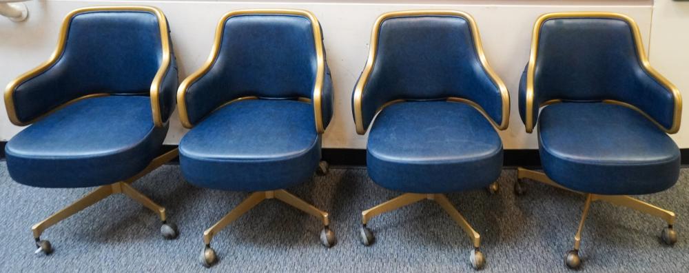 Set of Four Gasser Blue Vinyl Upholstered Swivel Office Chairs and a Side Table, Table: 28 x 30 x 30 in. (71.1 x 76.2 x 76.2 cm.)