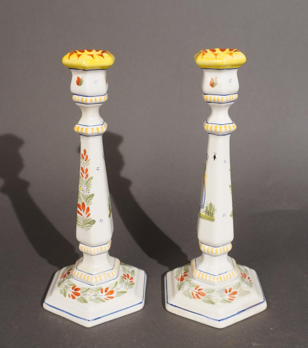 Pair of Quimper Candlesticks, H: 11 1/4 in. (28.6 cm.)