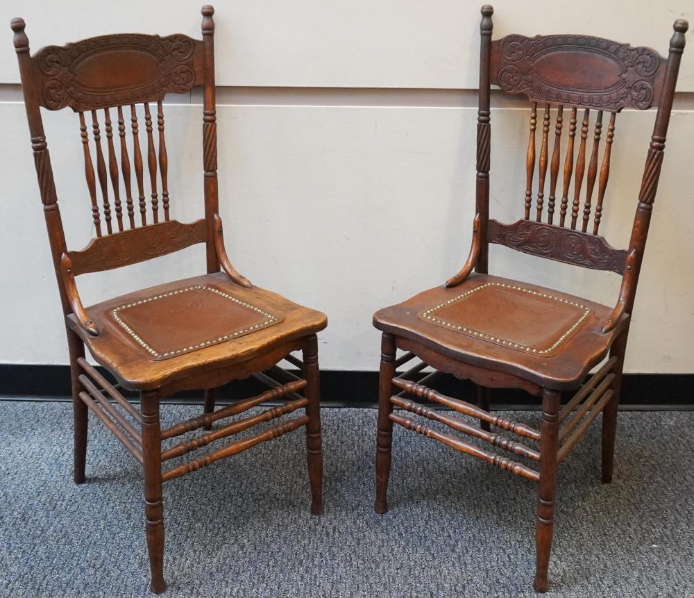 Pair of Embossed Leather Cushion Oak Side Chairs