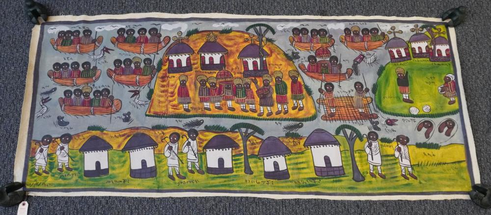 Ethiopian School, Pilgrims in Reed Boats Going to Two Church Islands, Oil on Cotton, Unframed