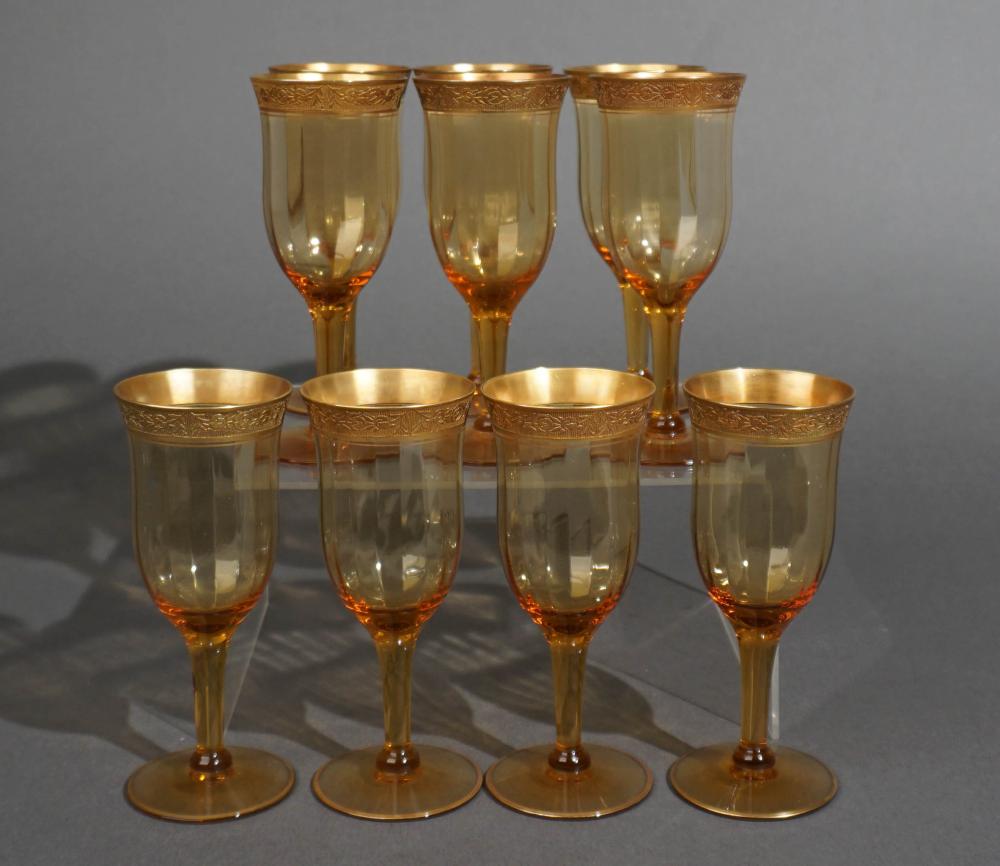 Ten Possibly Moser Amber Glass Stem Wines with Gilt Floral Lip, H: 5 7/8 in. (14.9 cm.)