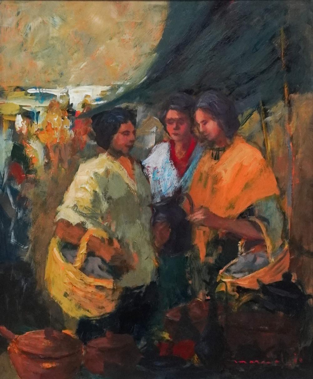 American School, 20th Century, Three Women in a South West Market Scene, Oil on Masonite, signed indistinctly and dated 66 l.r. Frame: 30 x 26 in. (76.2 x 66 cm.)