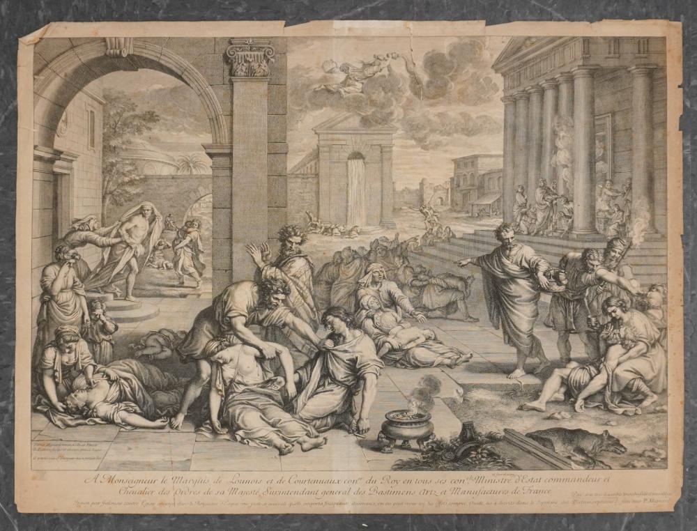 Gérard Audran (French 1640 - 1703) after Pierre Mignard (1612 - 1695), 'Plague of the Aegina', Etching and Engraving, Sheet 21 1/4 x 28 3/4 in. (54 x 73 cm.)