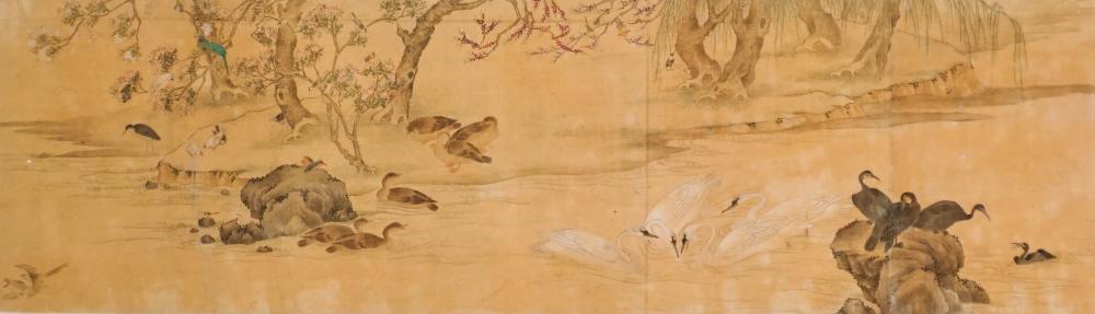 Four Groups of Birds in a River Landscape: A Hand Scroll (Chinese School, 18th Century), Ink and color on silk