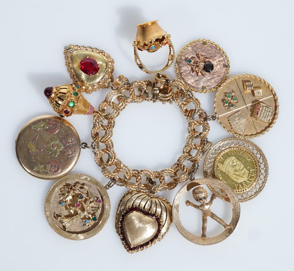 14-Karat Yellow-Gold Charm Bracelet, Total gross weight: 109.7 dwt., Length: 7-5/8 in (19.4 cm)