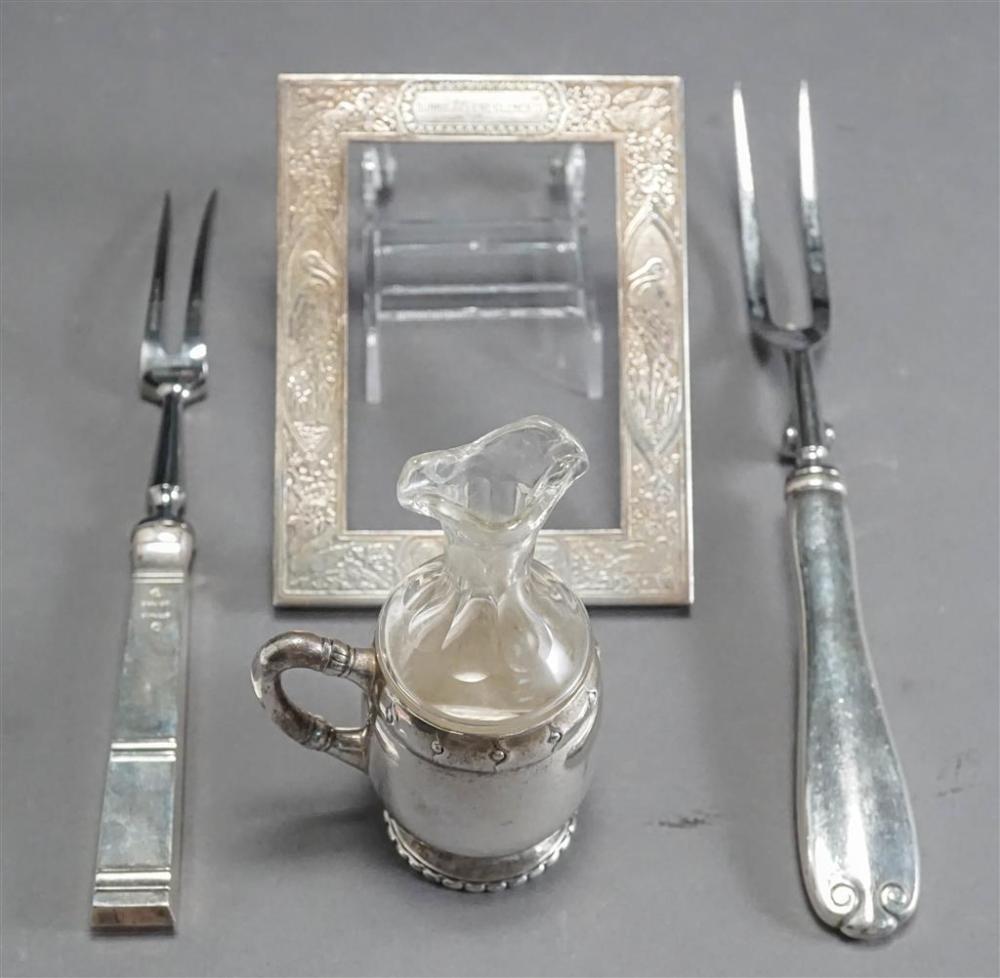Sterling Silver Frame, Sterling Silver Mounted Crystal Cruet and Two Sterling Handled Forks