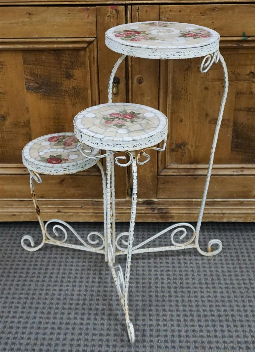 White Painted Metal and Tile Three-Tier Plant Stand, H: 25-1/2 in