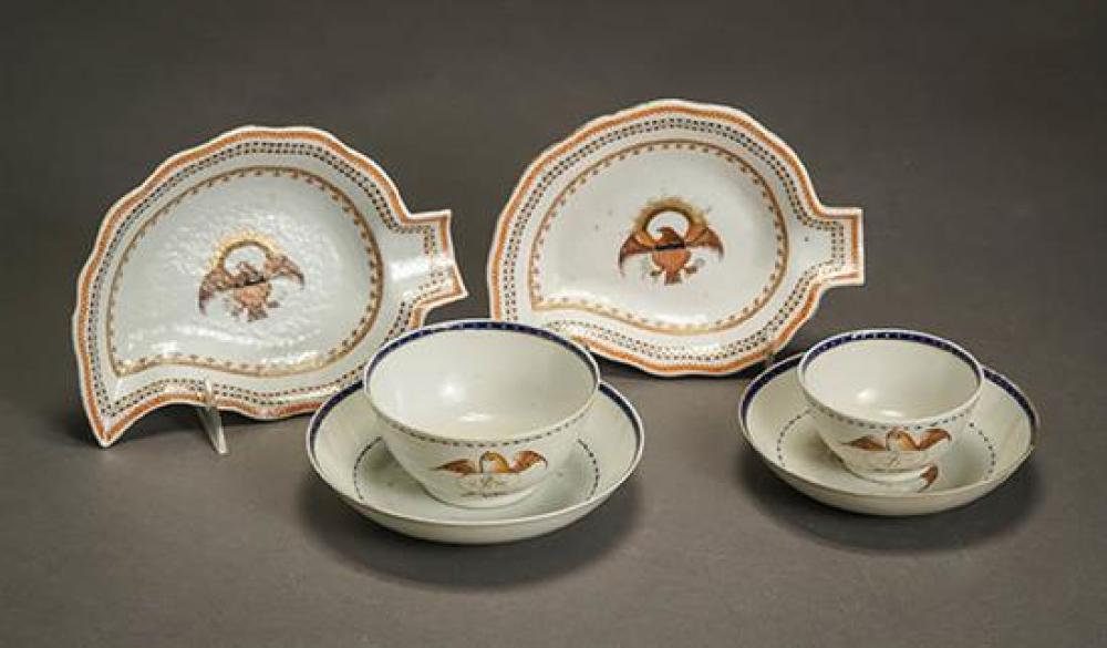 Seven Chinese Export Tea Bowls, Saucers and Pair Leaf-Shaped Spoon Plates for American Market, Qianlong-Daoguang Period (1736-1850)