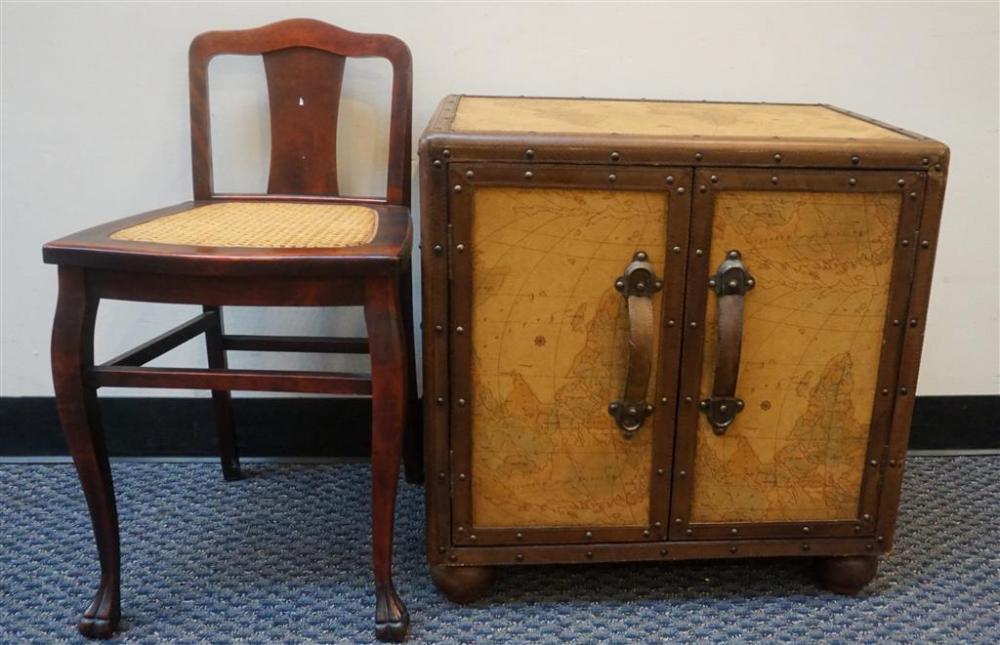 Faux Leather Mounted 'World' Side Cabinet, H: 24 W: 24 D:16, and Stained Fruitwood Caned Seat Vanity Chair