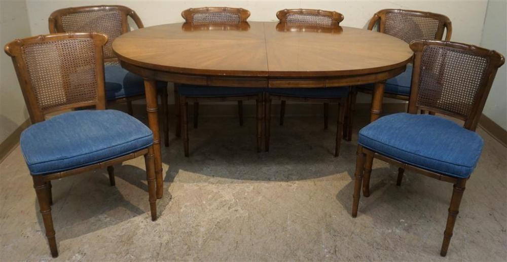 Set with Six Regency Style Fruitwood Dining Chairs and Extension Dining Table with Two Leaves by Henredon, H: 29; L: 63; D: 43 in