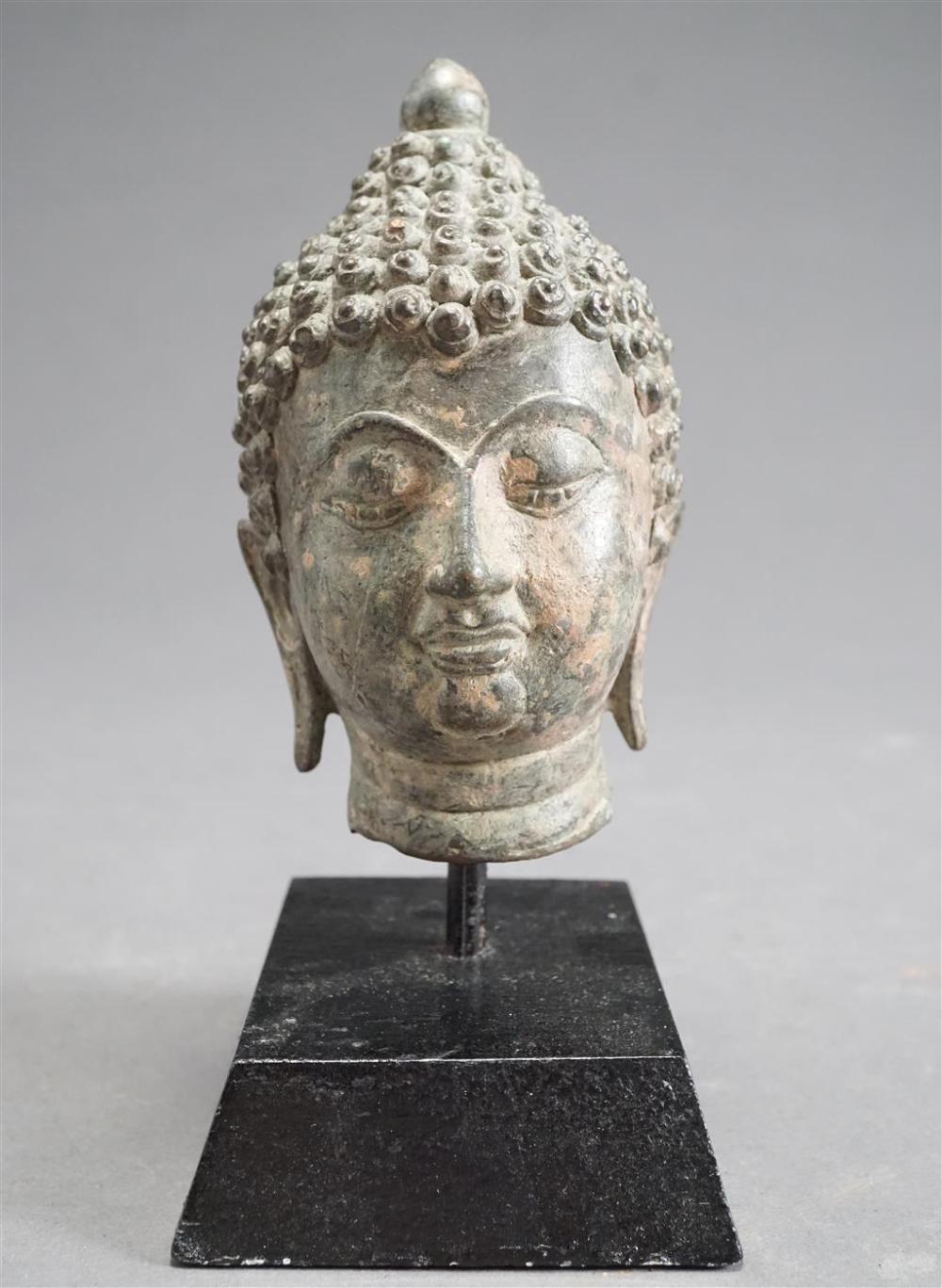 Thai or Burmese Verdigris Metal Bust of a Deity on Stand, H overall: 6 in