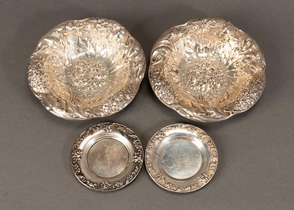Sterling Silver Floral-Embossed Pair of Bowls by Alvin with Pair Butter Pats by S. Kirk & Son, D bowl 6 in. (15.2 cm.), Combined 7.9 ozt