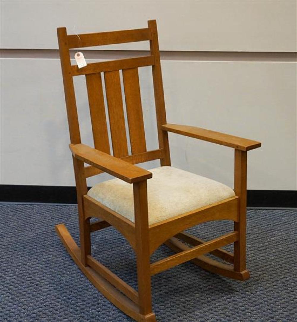 Stickley Arts & Crafts Style Oak Upholstered Seat Arm Rocker