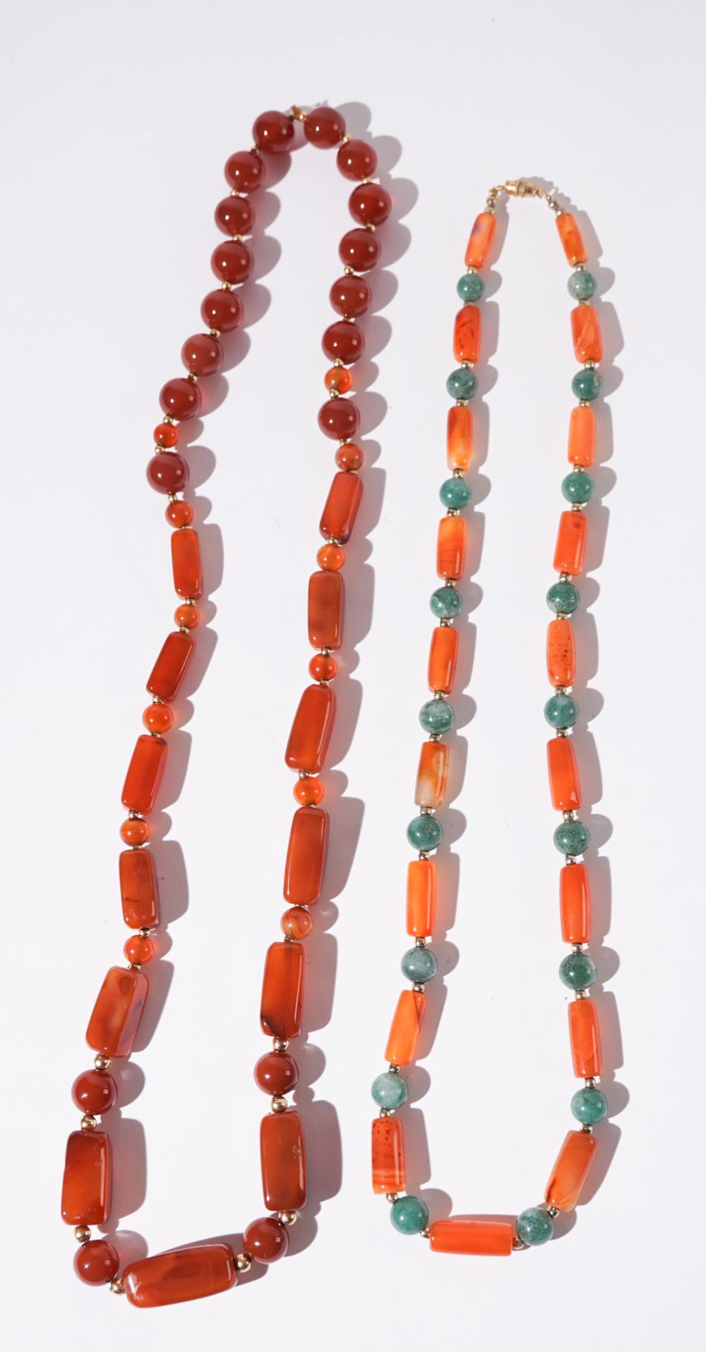 Two Carnelian, Agate and Jade Necklaces, First Length: 28 in. (71.1 cm.), Second Length: 24 in. (61 cm.)