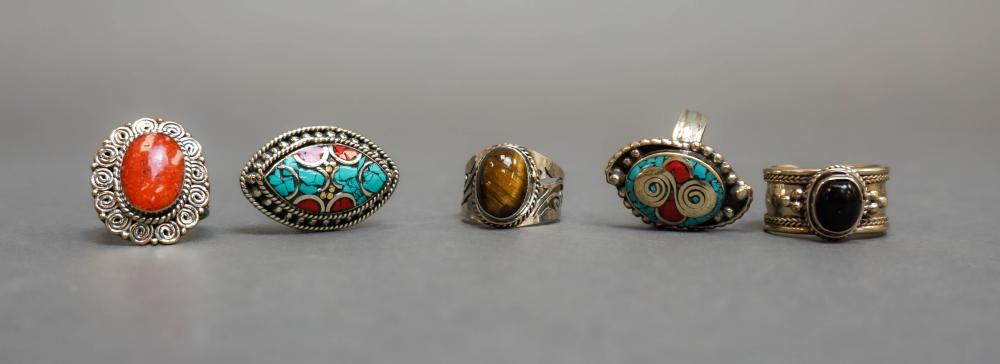 Five Turquoise and Coral Type Rings