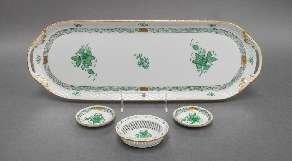 Herend 'Chinese Bouquet Green' Porcelain Tray, Open Weave Basket and Two Salts, Length of Tray: 19 1/4 in. (48.9 cm.)