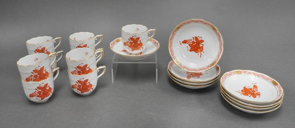 Nine Herend 'Chinese Bouquet Rust' Teacups and Saucers