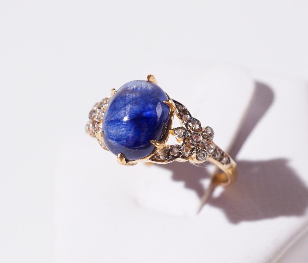 Vermeil Sterling Silver, Oval Cabochon Treated Natural Blue Sapphire and Diamond Ring, Size: 7