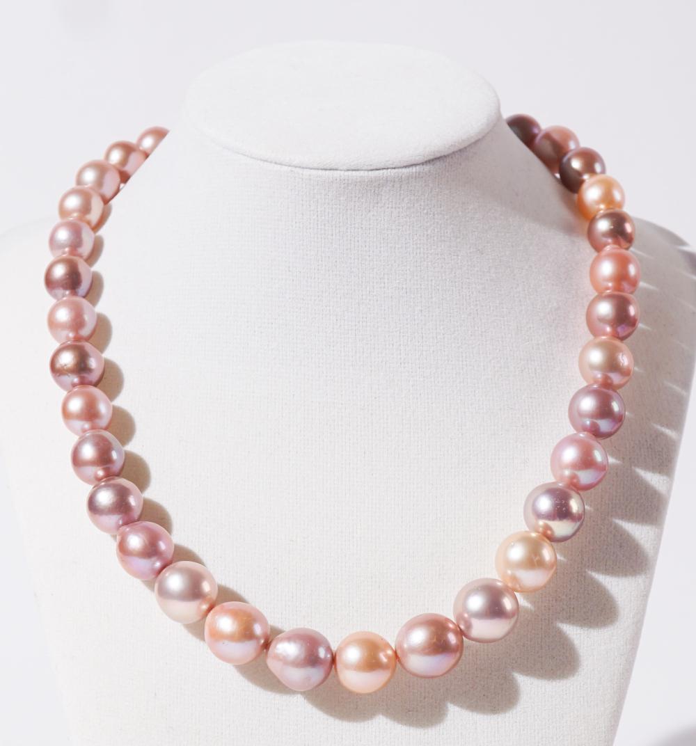 Silver, Enamel and Pink Pearl Necklace, L: 17-1/2 in