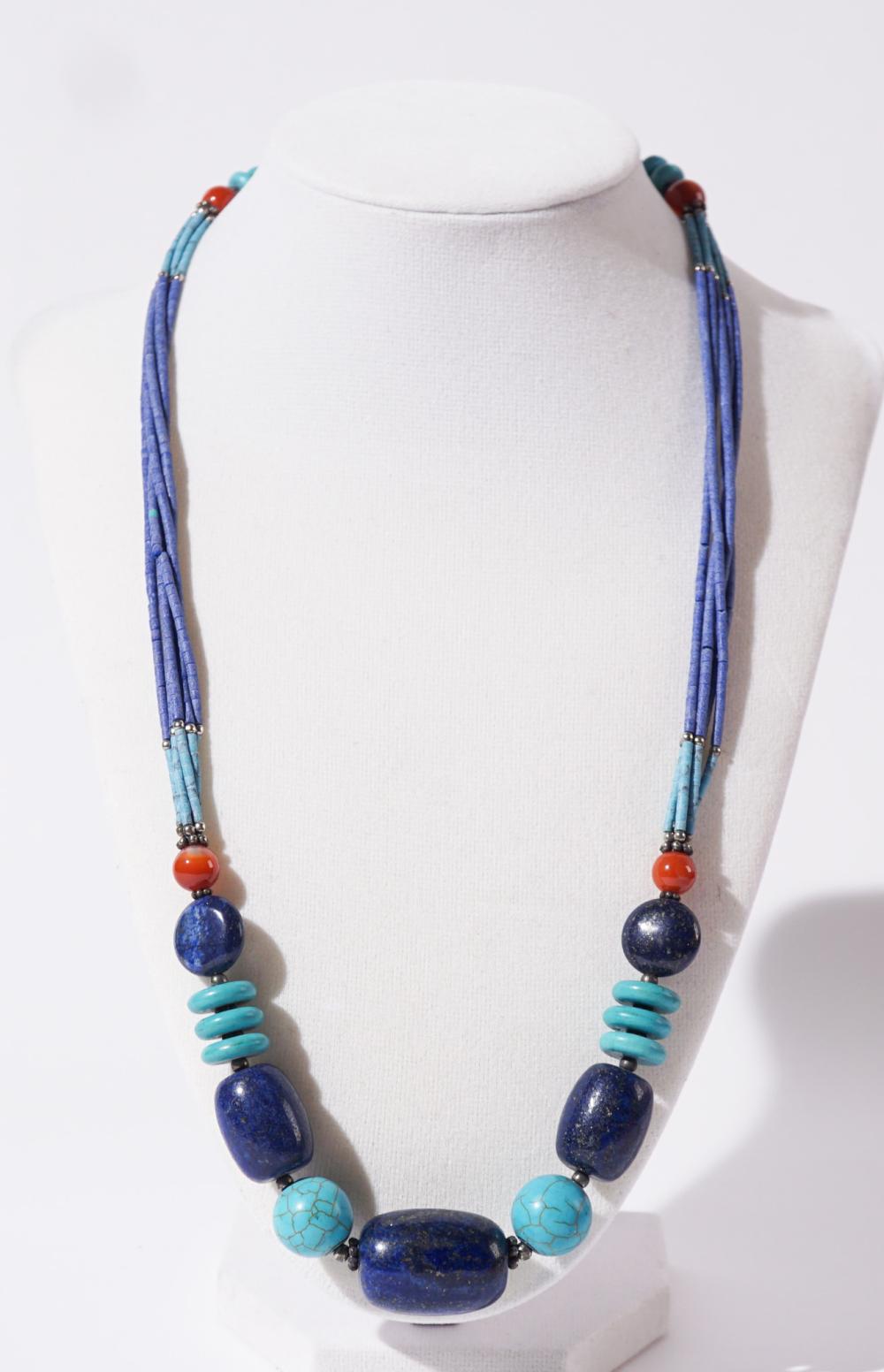 Southwest Style Lapis Lazuli, Onyx, Simulated Turquoise and Turquoise Necklace