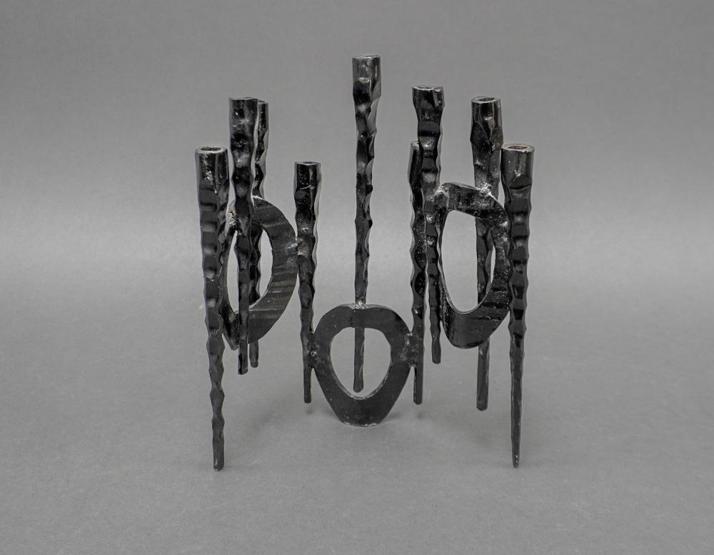 Attributed to David Palombo (Israeli 1920-1966), Brutalist Blackened Wrought Iron Menorah, H 10 7/8 in. (27.6 cm.)