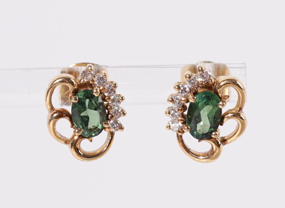 Tested Yellow-Gold Peridot and Diamond Pierced Earring Pair with Vermeil Sterling Silver Backs, 2.1 dwt